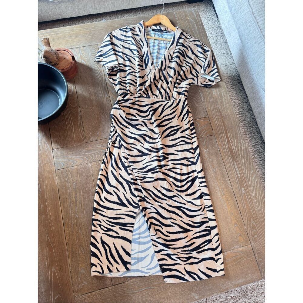 Sally LaPointe Zebra Print Cream Black Drop Collar Satin Dress Women's Size 4‎ - Picture 3 of 11